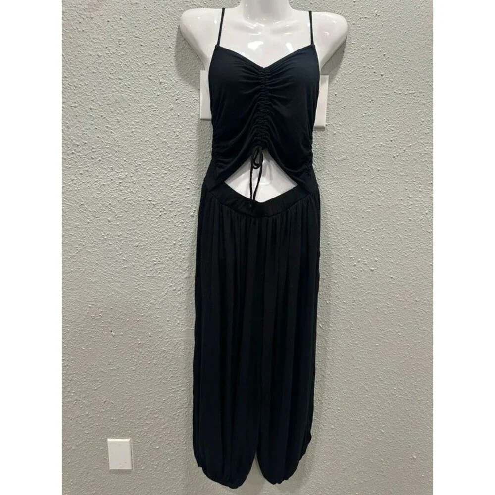Free People Beach Black Jumpsuit Small Balloon Leg Cutout Strappy Stretch Loose